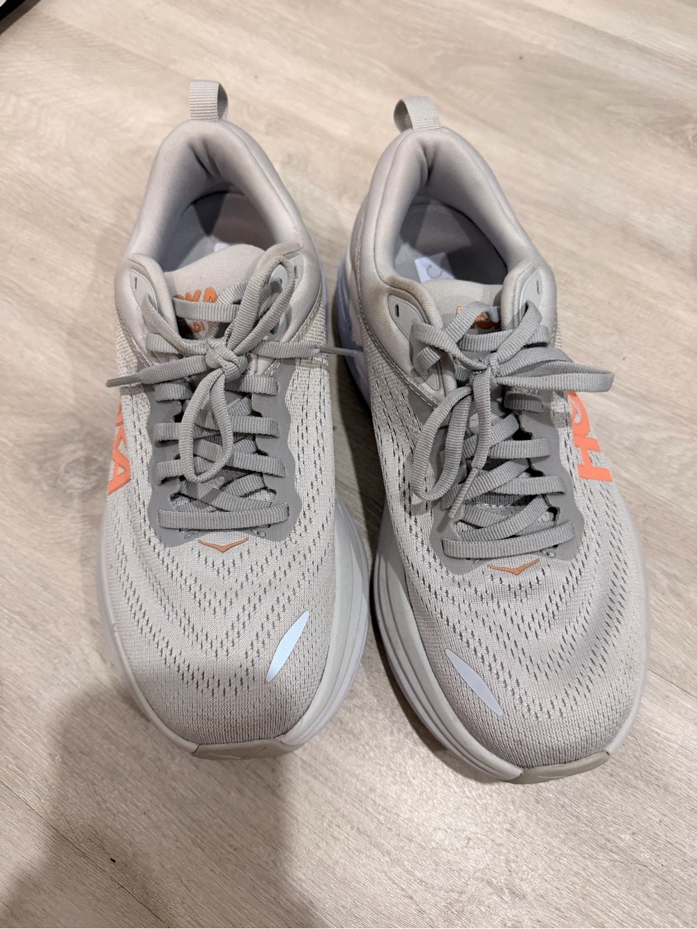 Hoka Women's Light Gray Athletic Sneakers with Coral Logo Accents